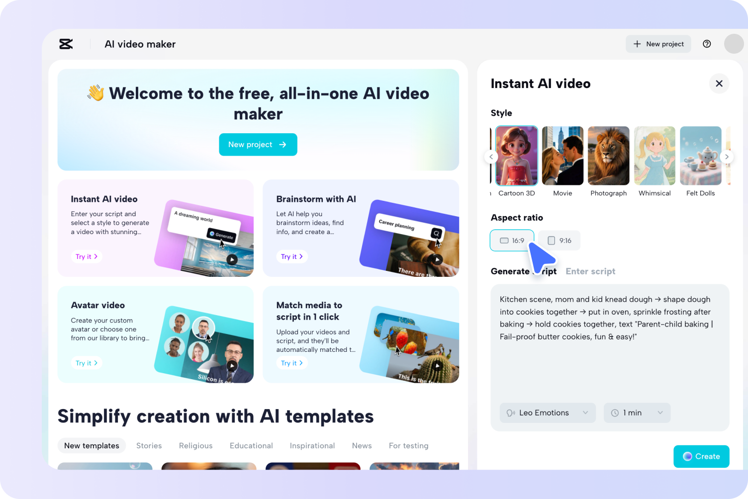 CapCut workflow for creating and exporting AI video